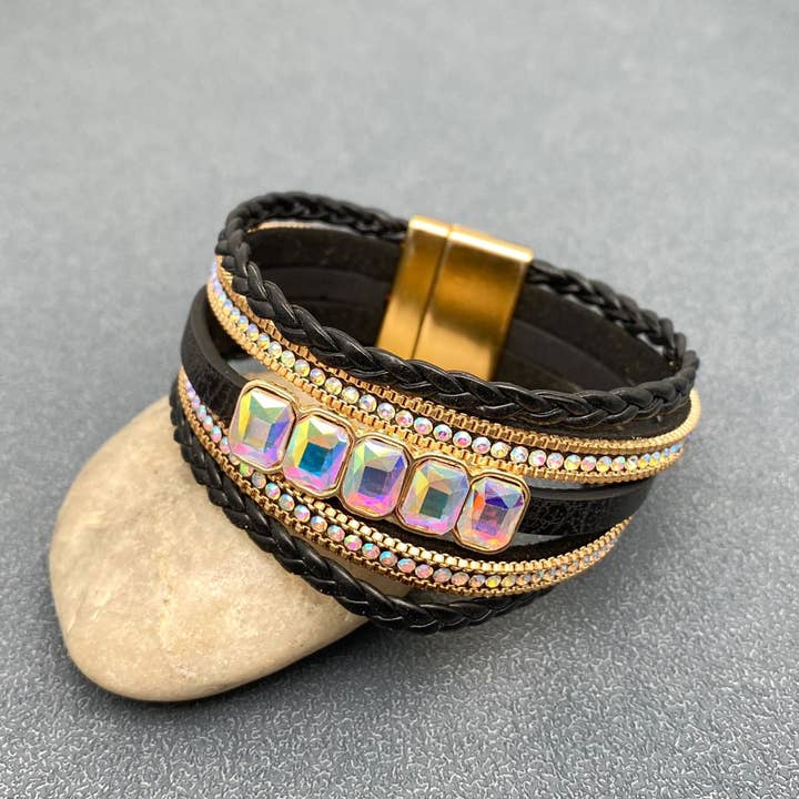 Mio Queena - Wholesale Bangle Bracelet - Boho Sparkling Rhinestone Multi-layer Leather Bracelet - LB5