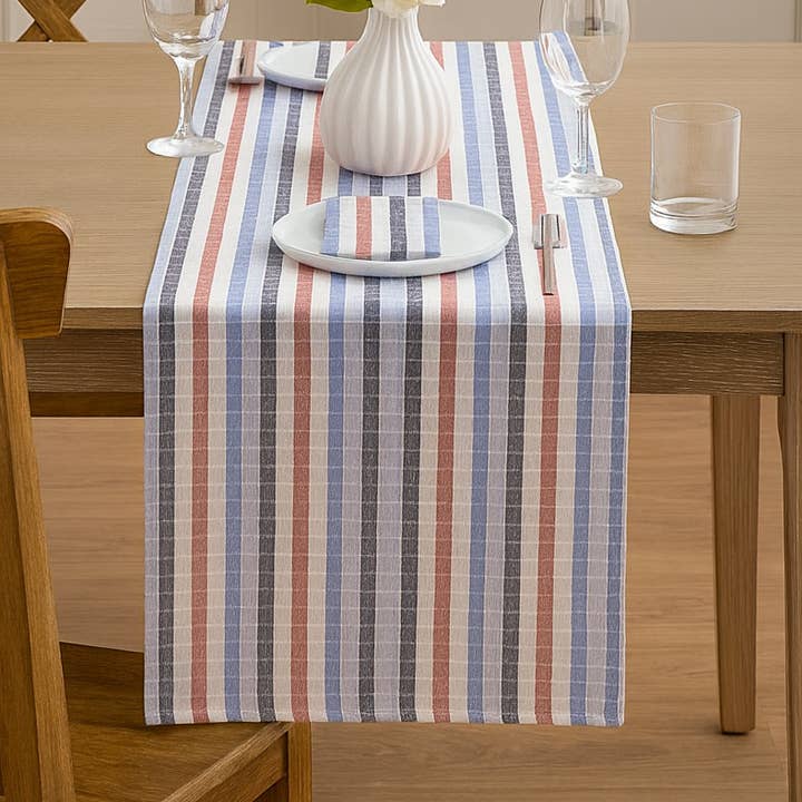Colorful Stitched Stripe Design Cotton Table Runner for wholesale by Fennco Styles