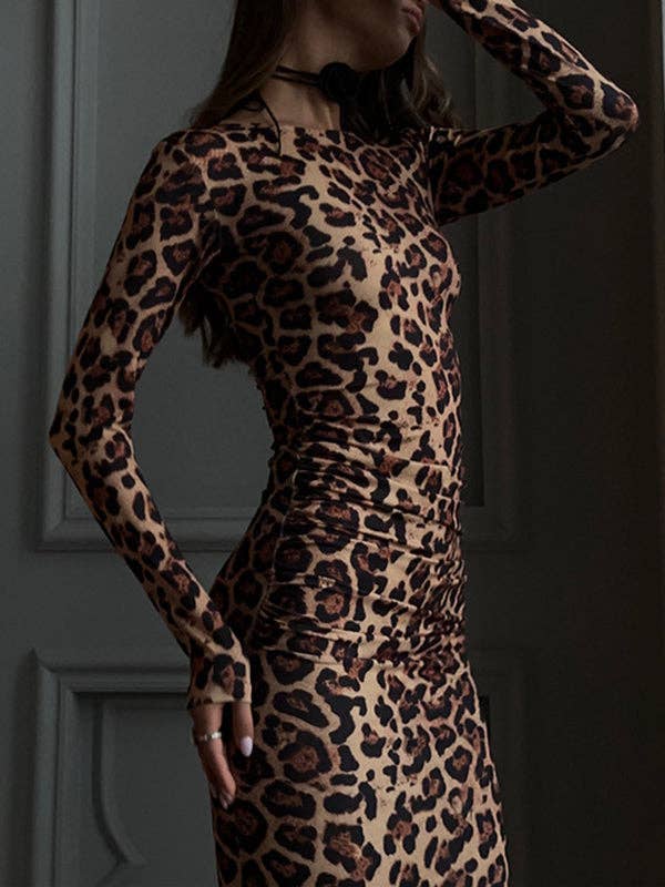 Bodycon Long Sleeves Leopard Printed Round-Neck Maxi Dresses for wholesale on Faire2