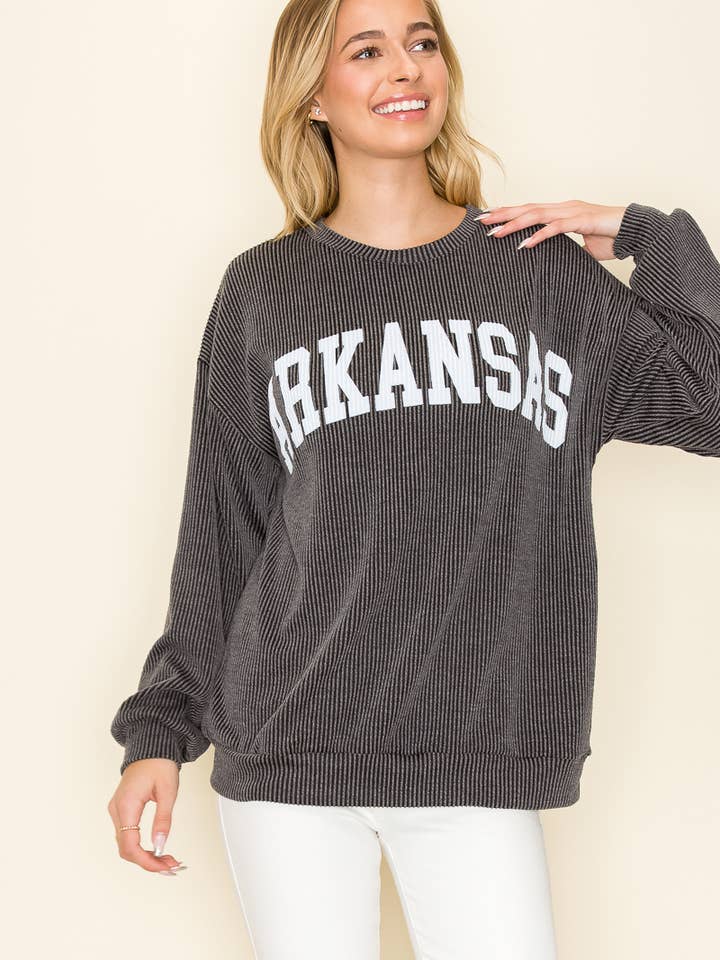 Tres Bien, Inc - Wholesale Graphic Sweatshirt - Women's - "ARKANSAS" RIBBED GRAPHIC L/S SWEATSHIRT GAME DAY