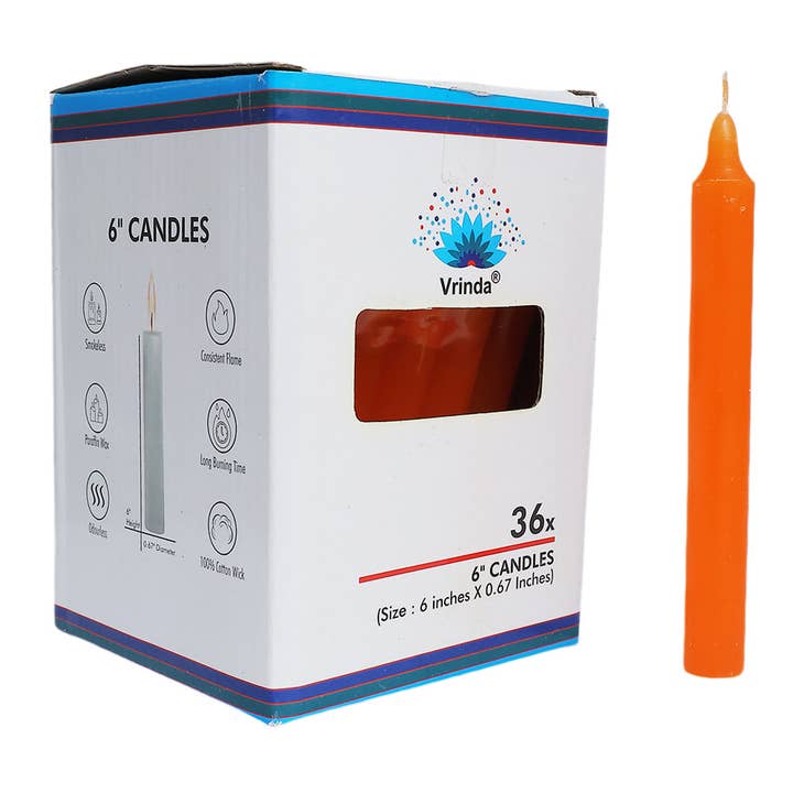 6" Taper Orange Candles (36 in a pack) for wholesale by Vrinda