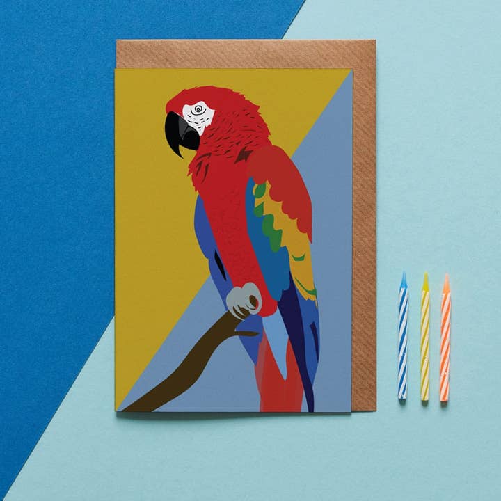 Coco the Macaw parrot greeting card for wholesale by Lorna Syson
