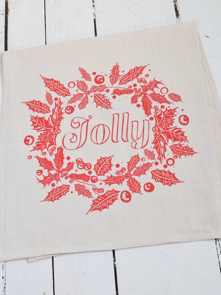 Torchon de Noël, Jolly in Bright Red, coton biologique pour la vente par Hearth and Harrow