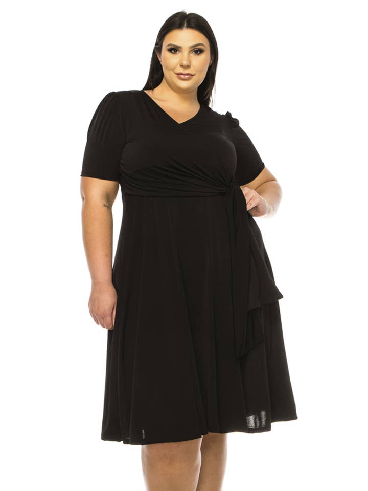 MOA COLLECTION - Wholesale Dress - Women's - Women's Plus Solid Faux Wrap Dress with Deep V-Neck