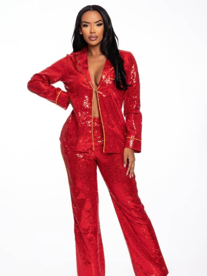CC Wholesale Clothing - Wholesale Top & Pant Set (NOT Loungewear) - Women's - Sequin Collared Two Piece Set0