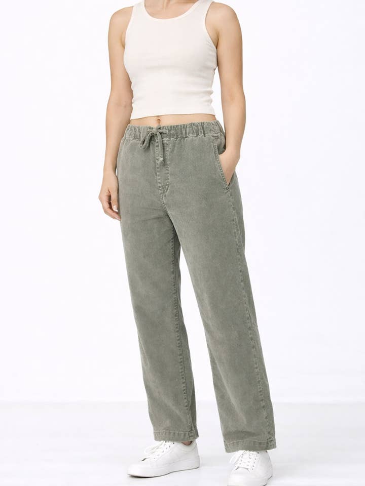 LYN Relaxed Drawstring Corduroy Pants - Sage for wholesale by Noend Denim