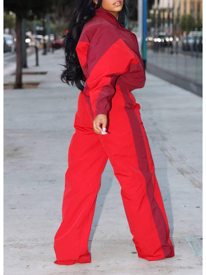 Red Sports long-sleeved zippered sweatshirt & pants set for wholesale on Faire5