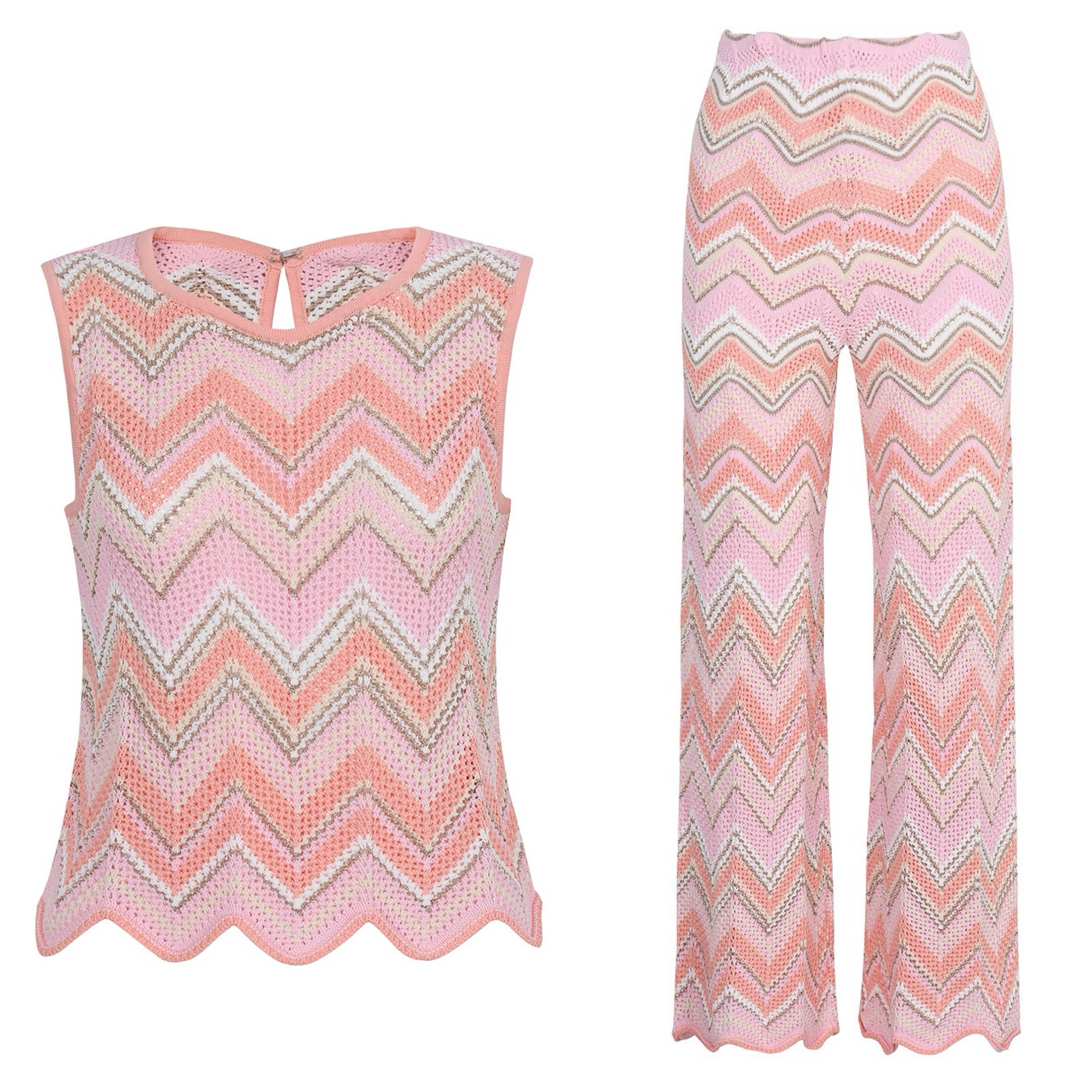 Productseeker - Venta al por mayor Conjuntos de top y pantalón (NO para estar en casa) - Mujer - Conjunto de Chaleco Sin Mangas y Pantalones de Punto Ondulado en Contraste SET6227