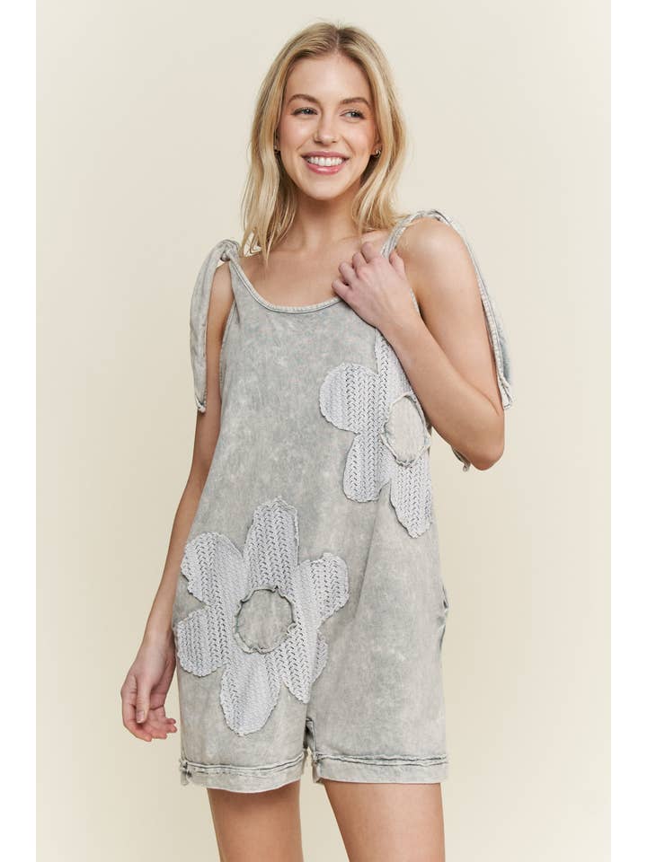 J.Her - Wholesale Romper - Women's - Mineral Washed Lace Petal Flower Patched romper HR6349