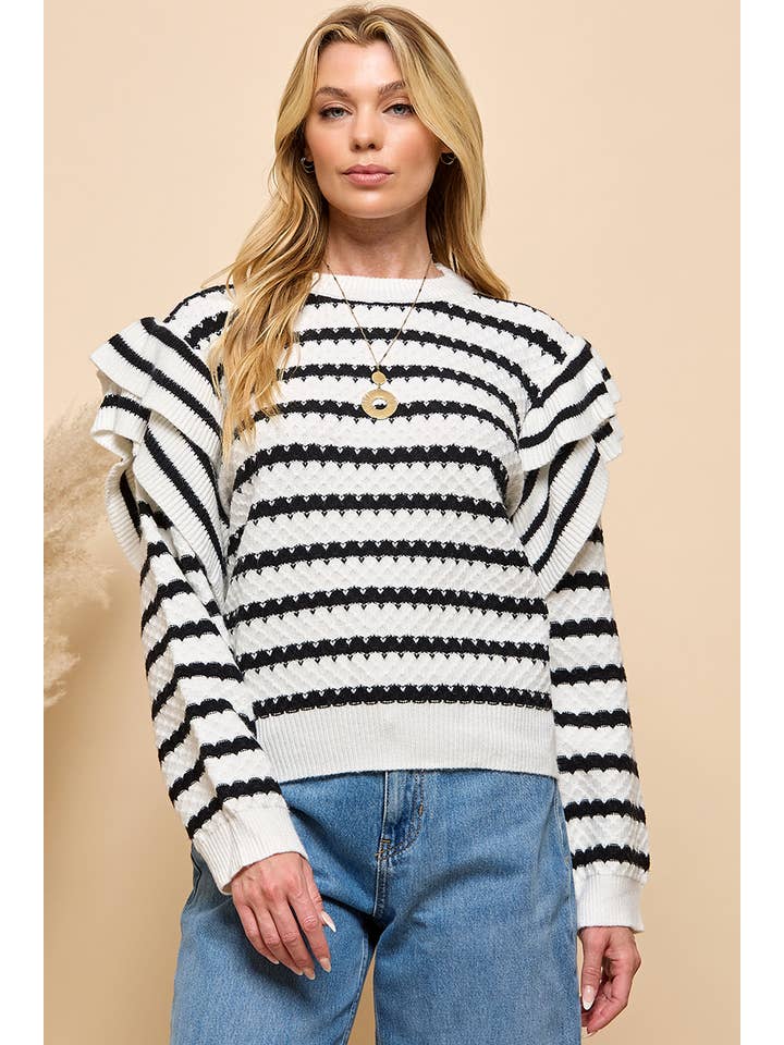 Black White Stripe Ruffle Trim Sweater for wholesale on Faire