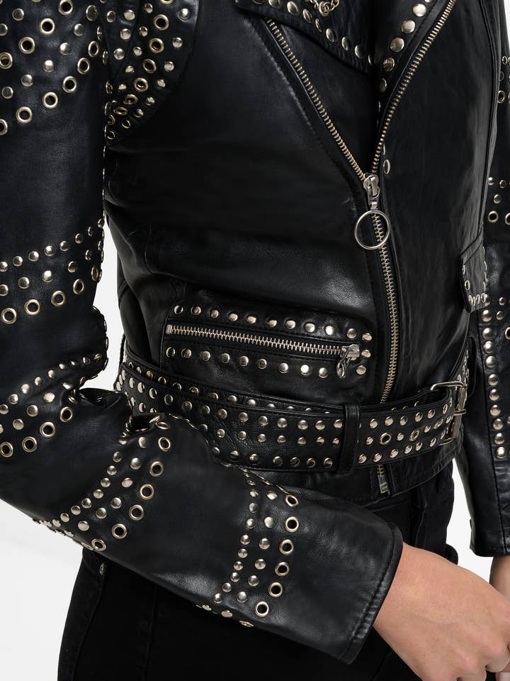 Zwart Dames leren jas Selina met studs - lamsnappa leer voor groothandel op Faire5
