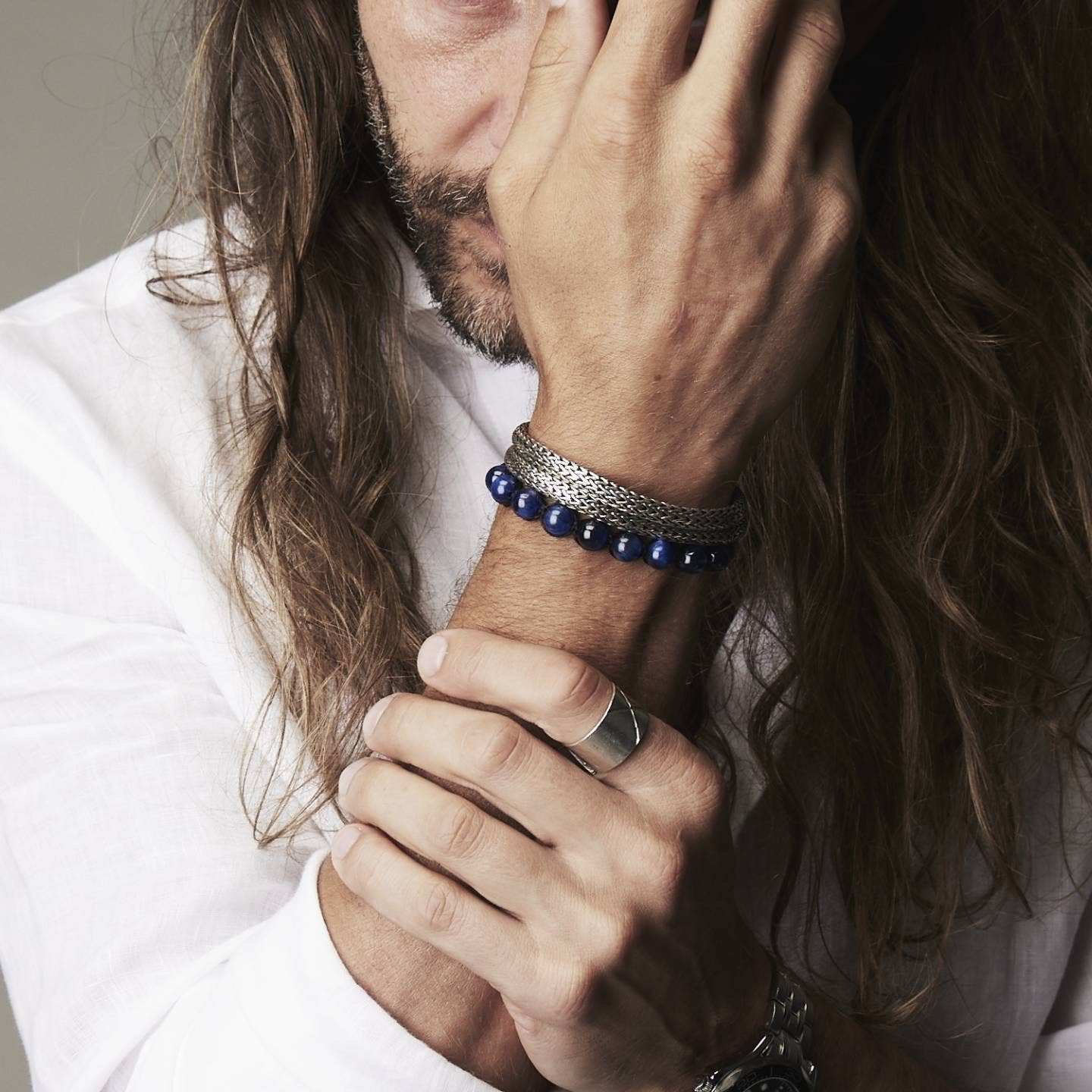 Bhoma - Mens Designer Jewelry - Wholesale Jewelry Set - Friday Stack: Mens Blue Kyanite Beaded & Sterling Silver Bracelet Stack8