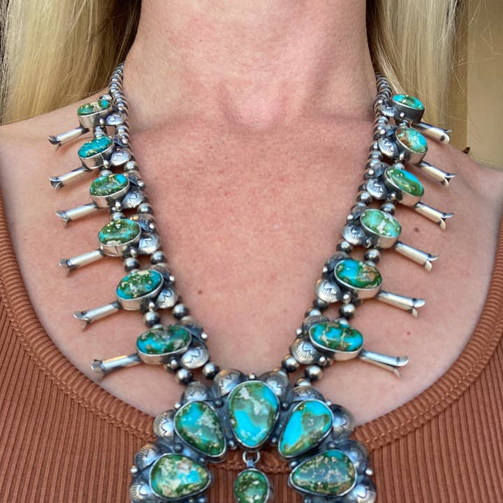 Navajo Sterling Silver and Turquoise Squash Blossom Necklace for wholesale by Rainbow Trading Post