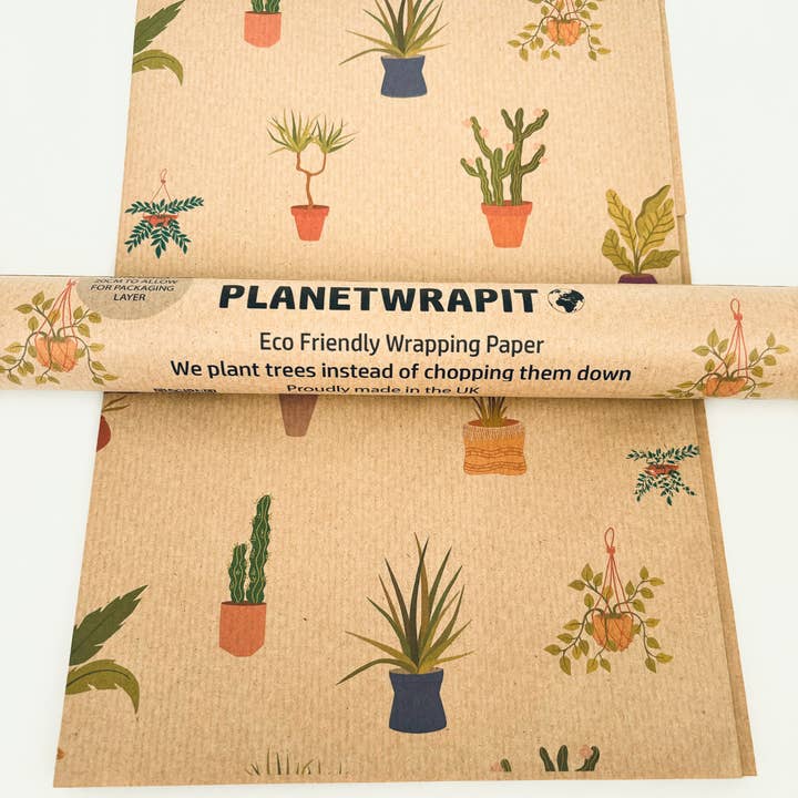PlanetWrapIt - Wholesale Wrapping Paper Roll - Houseplants Recycled Kraft Wrapping Paper Gift Wrap