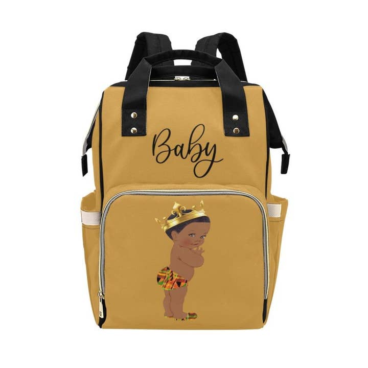 Designer Diaper Bag - Ethnic King African American Baby Boy - Khaki Gold Multi-Function Backpack for wholesale by TJtoddles.com