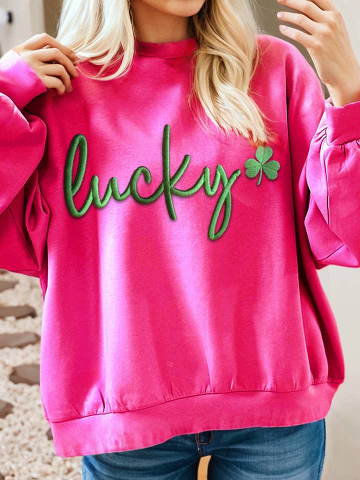 LDC Lucky Clover Embroidered Loose Pullover Sweatshirt for wholesale by Little Daisy Closet