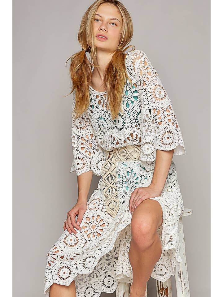 Pol Clothing - Wholesale Dress - Women's - Scoop neck short sleeve solid crochet dress