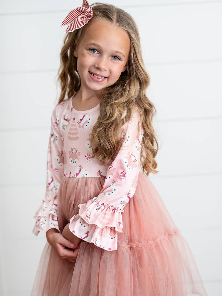 Kids Pink Reindeer Tulle Ruffle Sleeve Holiday Dress for wholesale by Adorable Sweetness