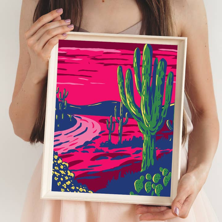 Arizona Saguaro at Sunset Art Print - Southwest Landscape for wholesale by Cacti Rebel