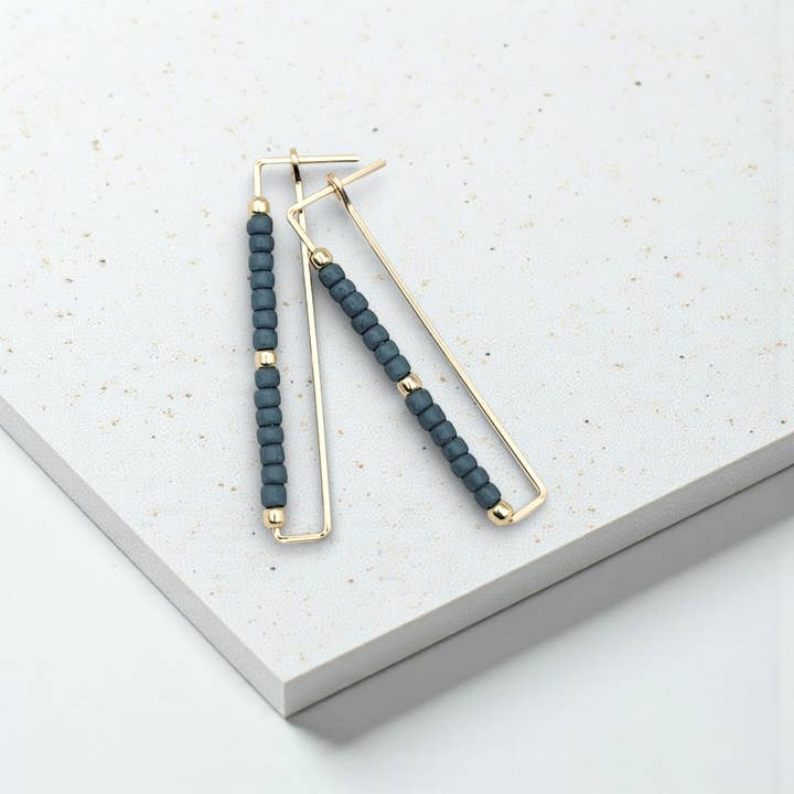 Gold Rectangle Earrings with Dark Teal Seed Beads for wholesale by Bijou by SAM