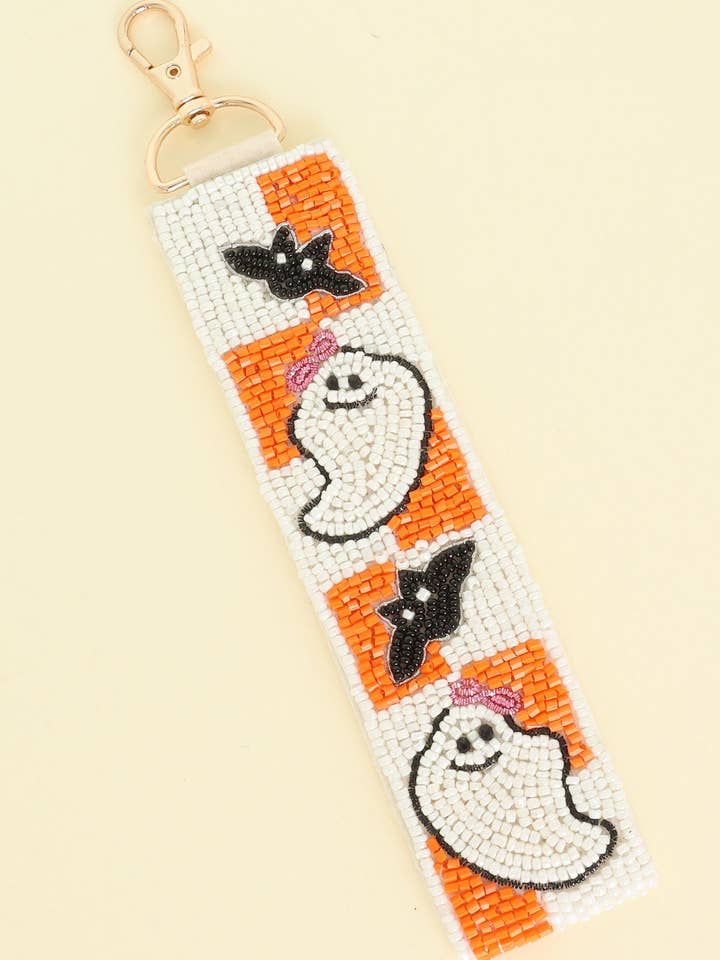 Halloween Ghost and Bat on Checker Pattern Wristlet Keychain for wholesale by SP Sophia Collection