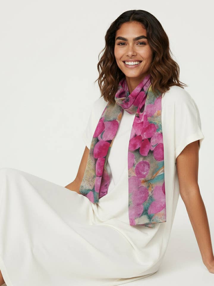 Crimson Vineyard Scarf – Modal Silk Wrap | Abstract Grape Cluster in Artistic Greens & Magenta for wholesale by Namaskar Australia