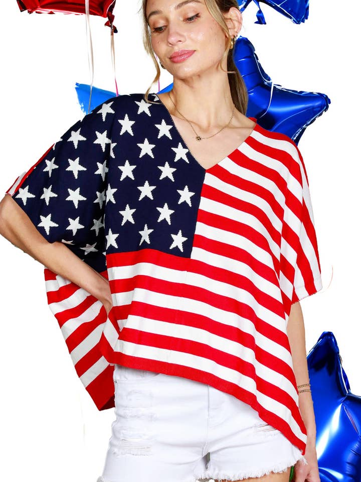 4th Of July V-Neck USA Flag Knitted Sweater Top VT82061 for wholesale by Vine & Love