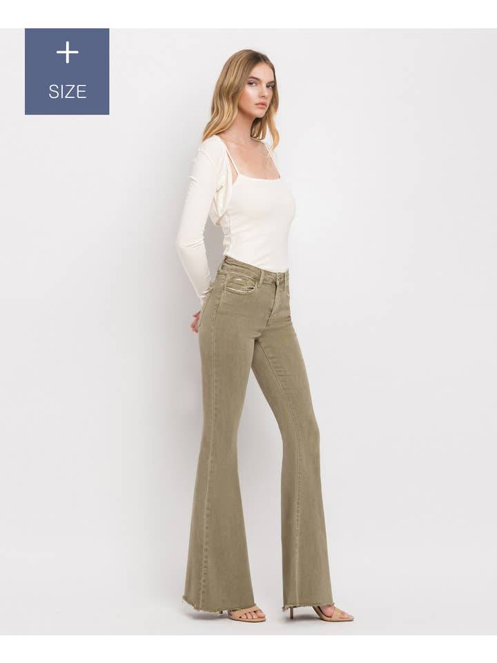 COVERT GREEN PLUS SIZE HIGH RISE SUPER FLARE JEANS V3084CG-P for wholesale on Faire