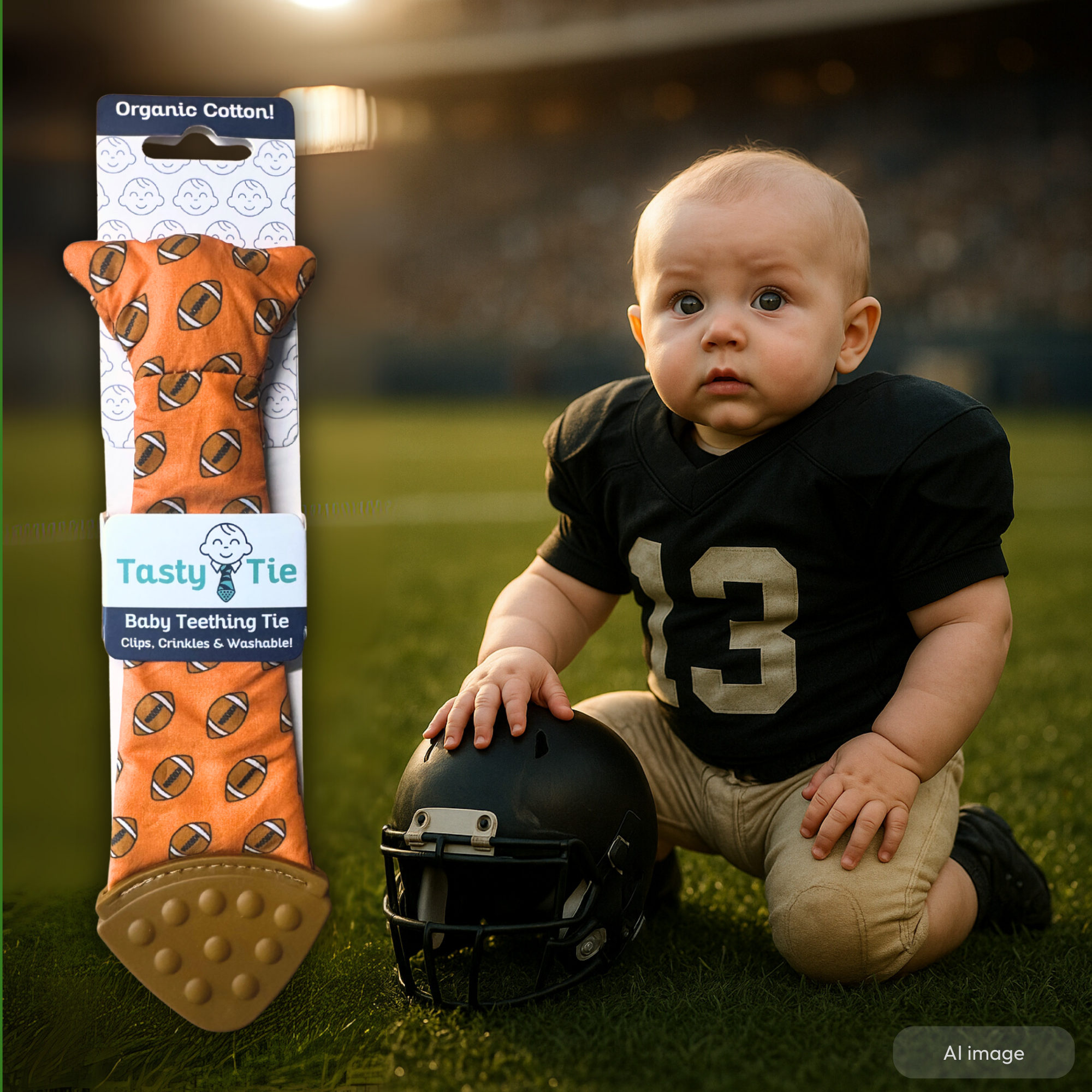 Tasty Tie® - Wholesale Teether (Not Clip-On) - Baby - Tasty Tie Teether, Crinkle Toy, Baby Boy Gift (Football)1