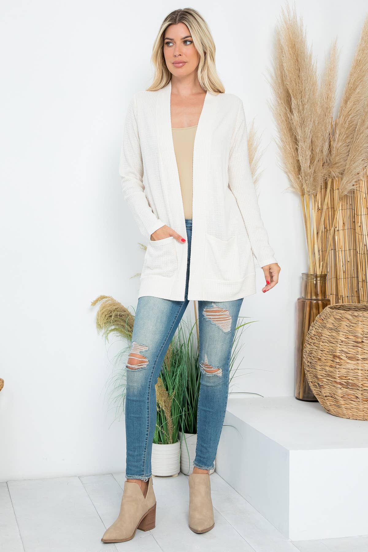 You & Me – Großhandel Strickjacke – Damen – GEBÜRSTETER WAFFEL LANGARM SEITENTASCHEN OFFENE FRONT STRICKJACKE7