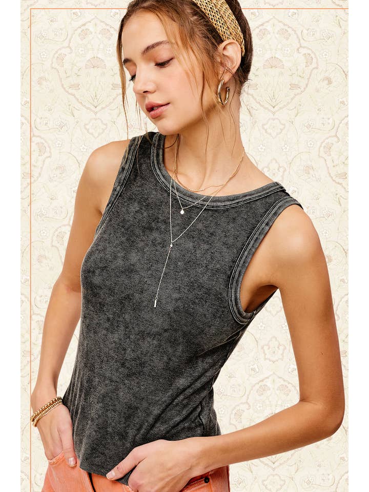 La Miel - Wholesale Tank Top - Women's - HCT7694-Mineral Washed Back Patch Detail Breathable Tank Top