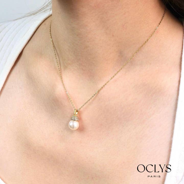 Stainless steel chain necklace with dangling pearl Dania for wholesale by Oclys