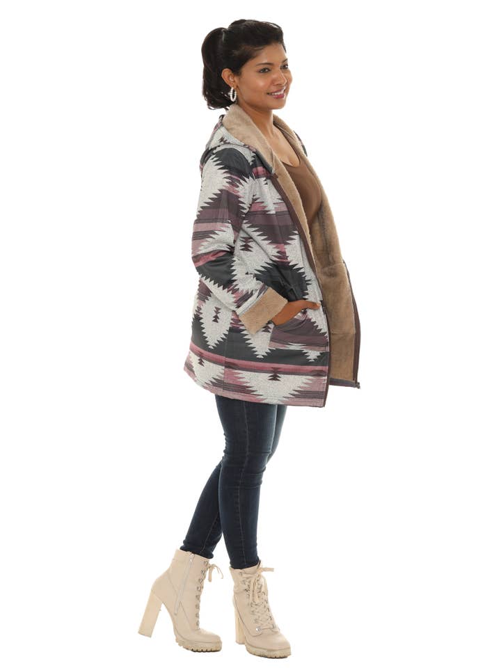 Shoreline Wear. INC - Wholesale Jacket - Women's - Zip-Up Aztec Print Fur Lined Hoodie Jacket