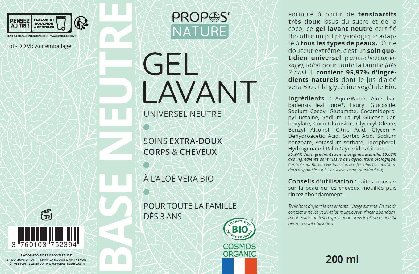 Propos'Nature - Wholesale Body Wash/Shower Gel - Neutral Organic Shower Gel - Fragrance-Free - 200ml, 1L5