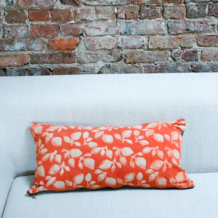 Rustic Loom - Wholesale Lumbar Pillow - Orange Leaf Blockprinted Lumbar Toss Pillow 12 x 24