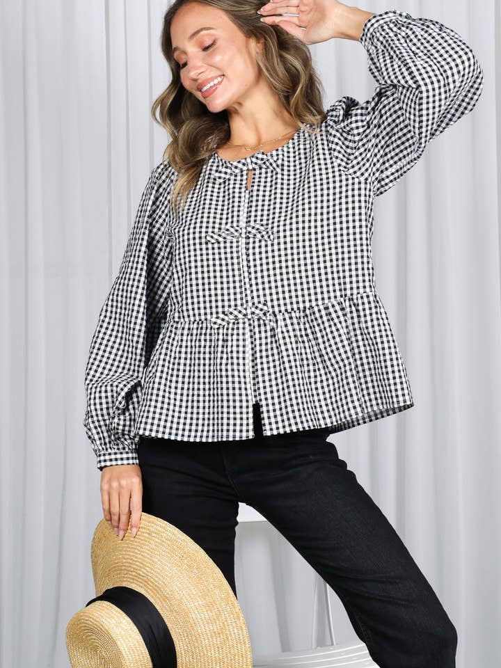 Blusa Encantadora de Cuadros con Lazo Femenino VT83034B para venta al por mayor de Vine & Love