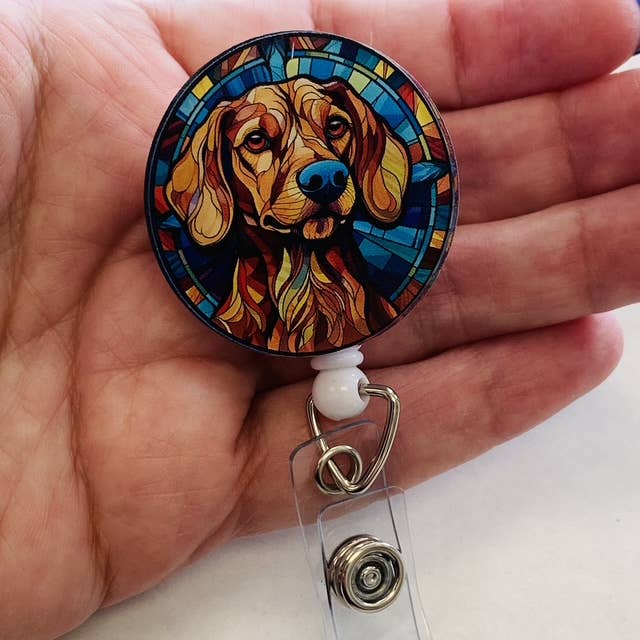 Retractable Dachshund Badge Reel – Faux Stained Glass Style for wholesale by Spellbound Rose Creations
