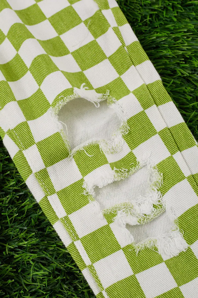 Kids Charm Online - Wholesale Jeans - Kids - LIME GREEN CHECKER PRINTED DISTRESSED DENIM PANTS. PNG2513303