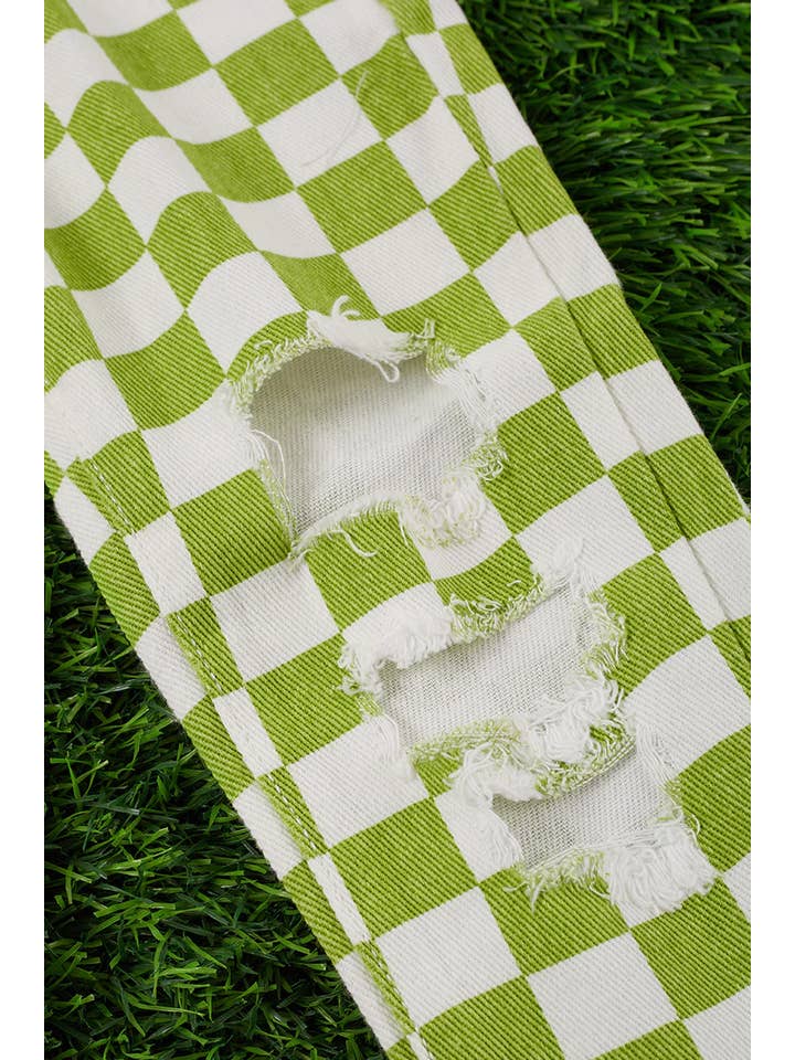 Kids Charm Online - Wholesale Jeans - Kids - LIME GREEN CHECKER PRINTED DISTRESSED DENIM PANTS. PNG2513303