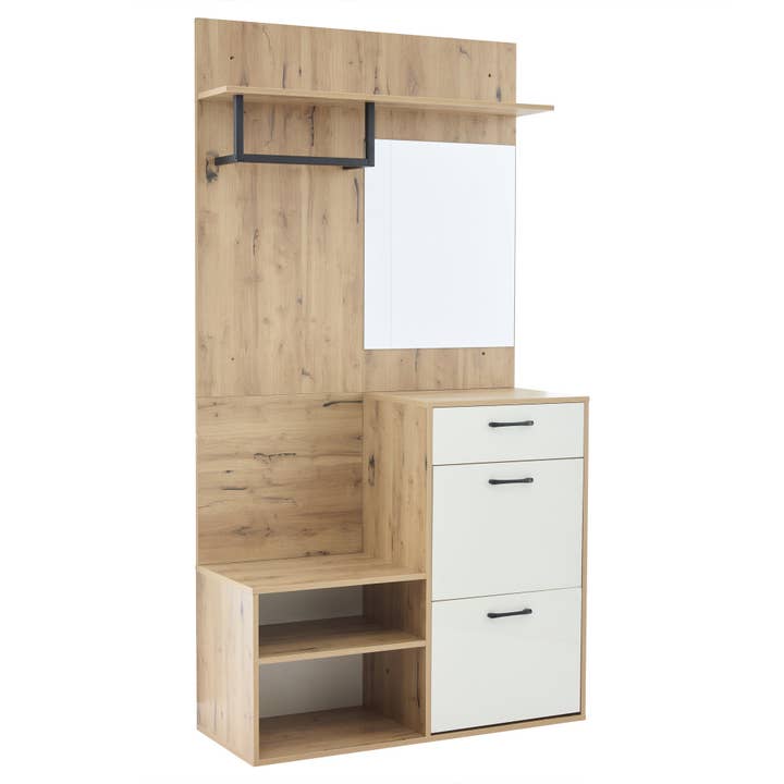 Wooden white 7-in-1 entryway wardrobes with mirror, shoe bench and storage PIXELIUM for wholesale by Urban Meuble UK