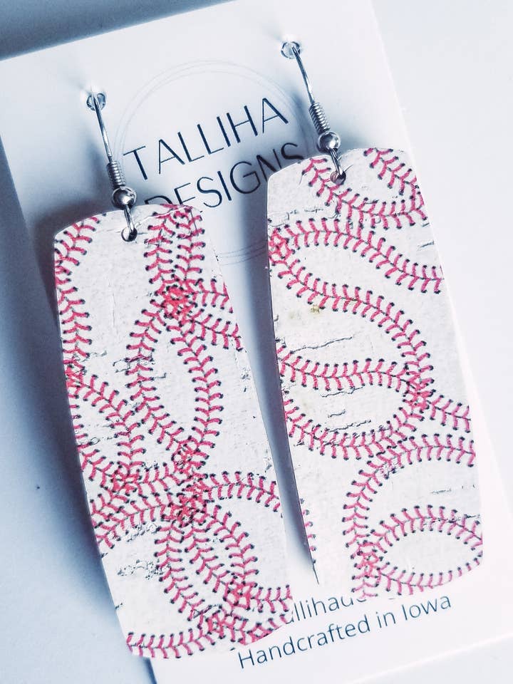Brincos de barra de cortiça com suporte de couro genuíno de beisebol por atacado de Talliha Designs
