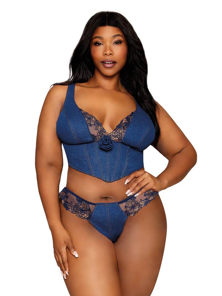 Dreamgirl Plus Size Stretch Denim Cropped Bustier and Matching G-string Set with Embroidery Lace Details for wholesale on Faire