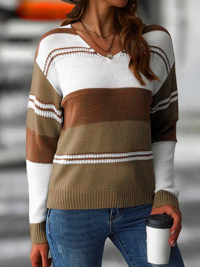 Long Sleeves V Neck Knitting Color Block Top ZK2171 for wholesale by UNISHE