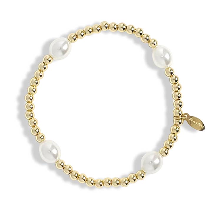 Savvy Bling - Wholesale Beaded Bracelet - 4mm Gold and 10 mm Pearl Gold Beaded Bracelets