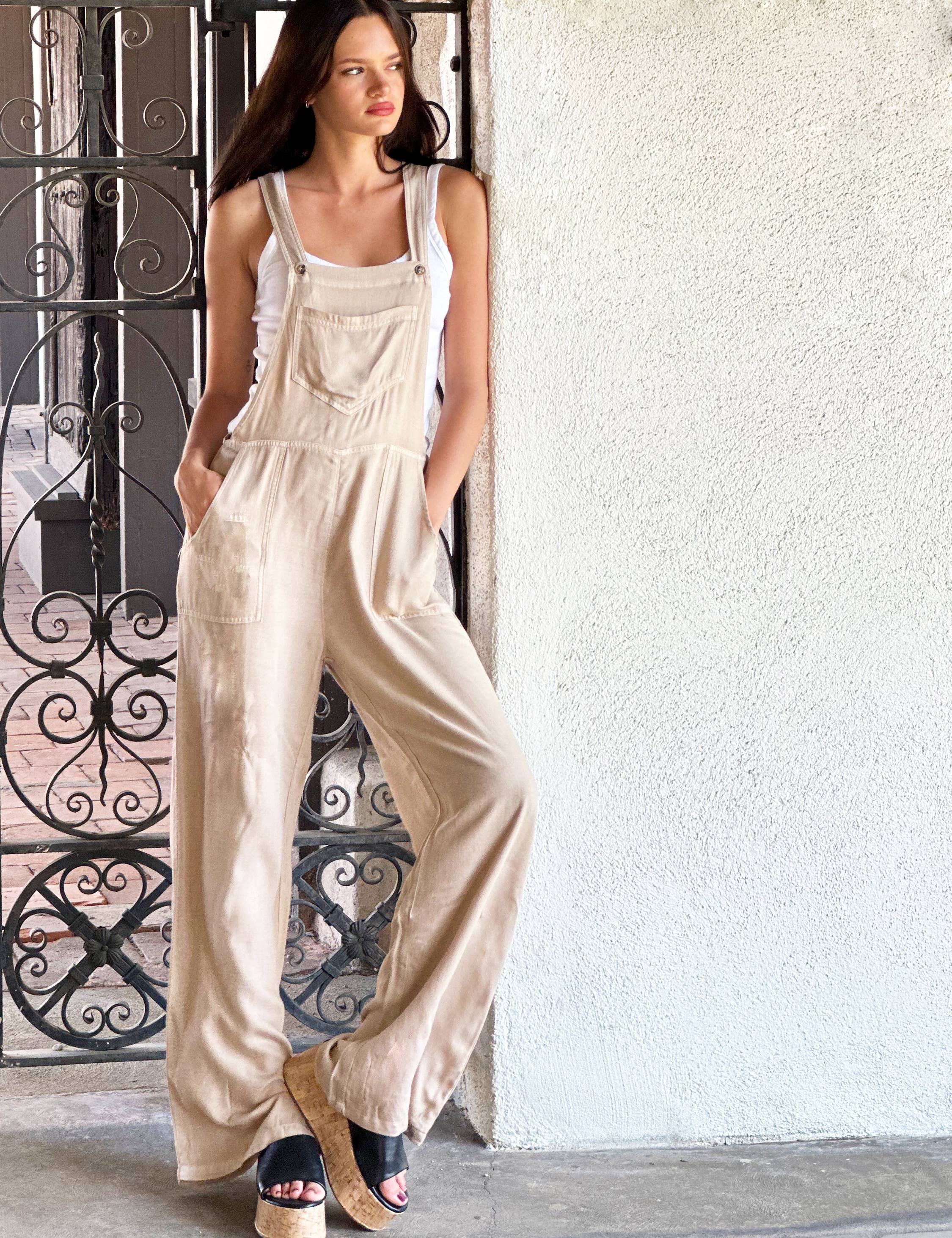 Taupe Flow Wide-Leg Overalls for wholesale on Faire