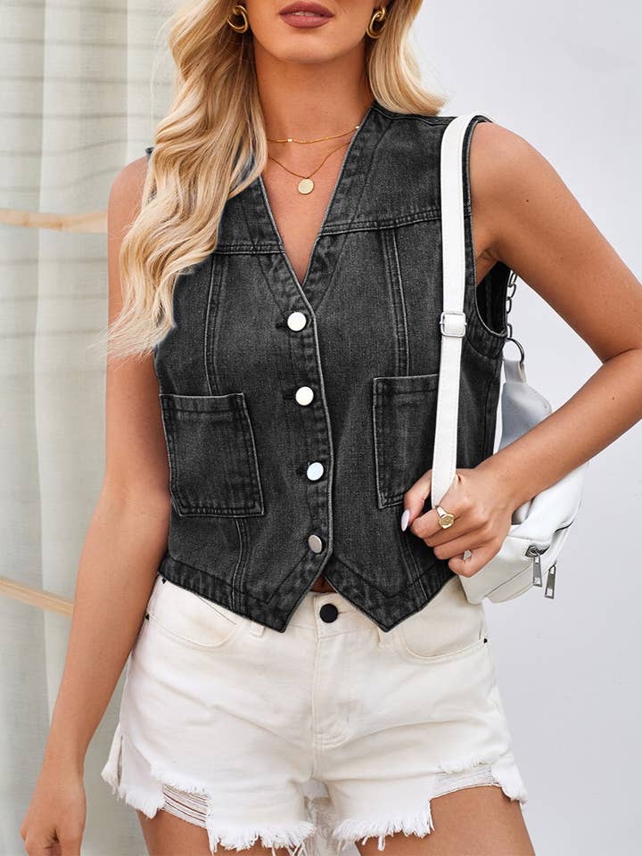 HIDDENBRAND - Wholesale Outerwear Vest - Women's - Western streetwear vintage washed button v-neck denim vest