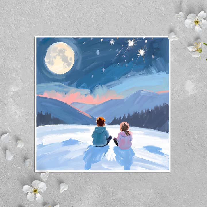 Tarjeta navideña: niños sentados en la nieve bajo la luna para venta al por mayor de KalooMoon Art