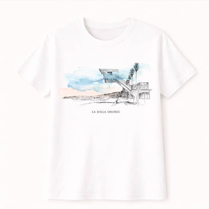 La Jolla Shores, San Diego T-Shirt | California Coastal Surf Gift Shop Apparel | Hand-Drawn Souvenir Tee for wholesale by ArteCart