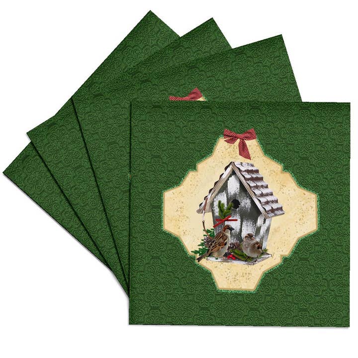 3dRose - Wholesale Coasters - 3dRose, Sparrow Birds, Christmas Decorated Birdhouse, Green Design, Coaster