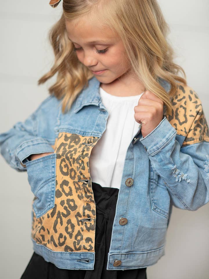 Kids Leopard Patch & Light Wash Denim Button Pocket Jacket for wholesale by Oopsie Daisy